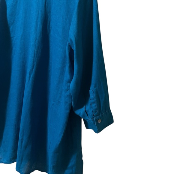 J. Jill love linen teal linen pop over tunic top with pleated hem shell buttons - Picture 9 of 12